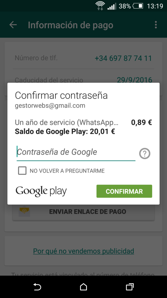 Pago WhatsApp Google Play