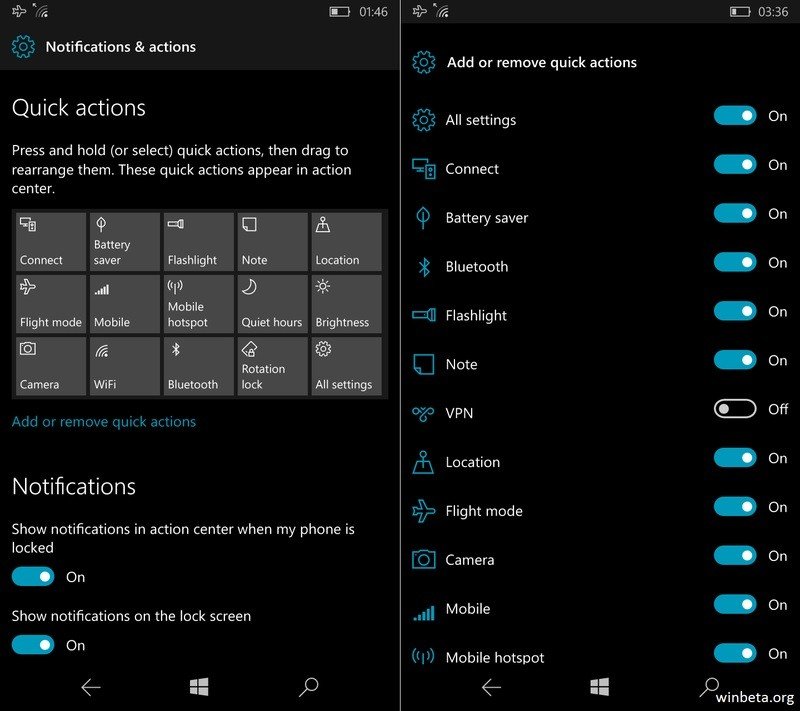 Windows 10 Mobile Ajustes rápidos